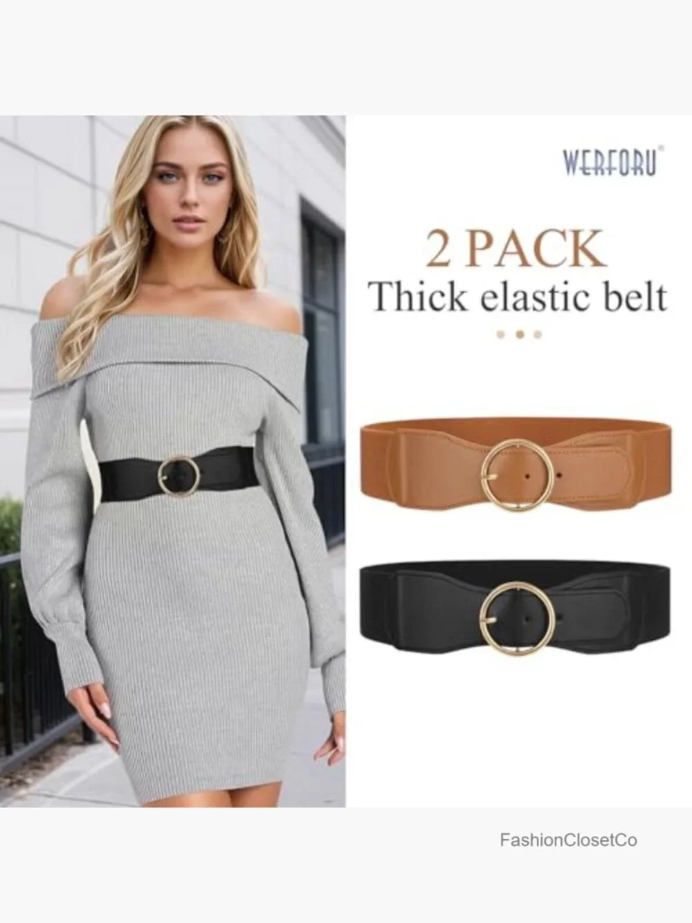 Women Elastic Stretchy Wide Belt with Gold O Ring Buckle Faux Leather Waist Belt
